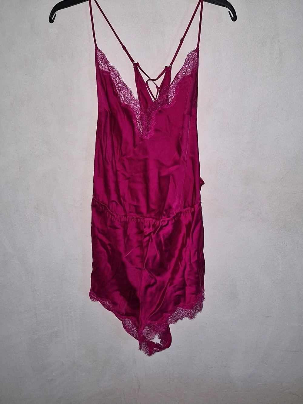 Victoria's Secret Satin Lace-Trim Chemise Romper in Wine